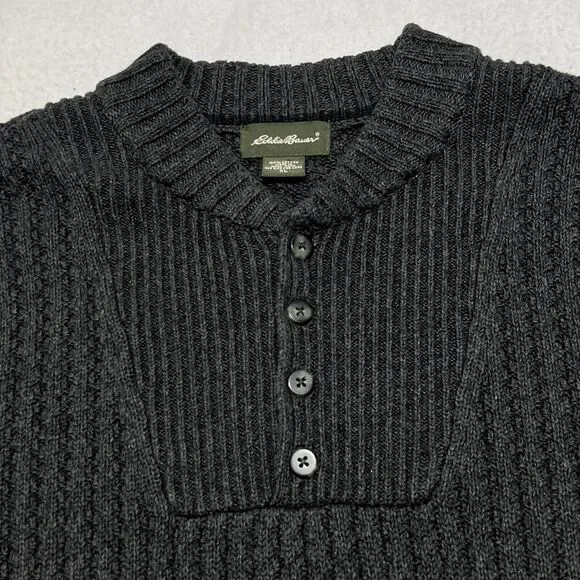 Eddie Bauer Men's XL Henley Sweater Heavyweight Dark Gray Pullover Button Up - Picture 2 of 11